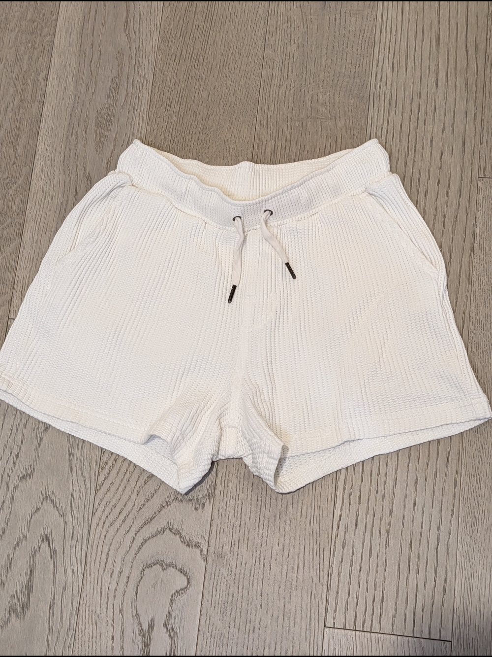 Cream Waffle-Knit Drawstring Athletic Shorts for Women